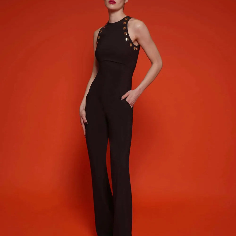 Black Color Women Sleeveless Sexy Rivet Bodycon Bandage Jumpsuit Fashion Celebrate Nightclub Party Homecoming Wear black