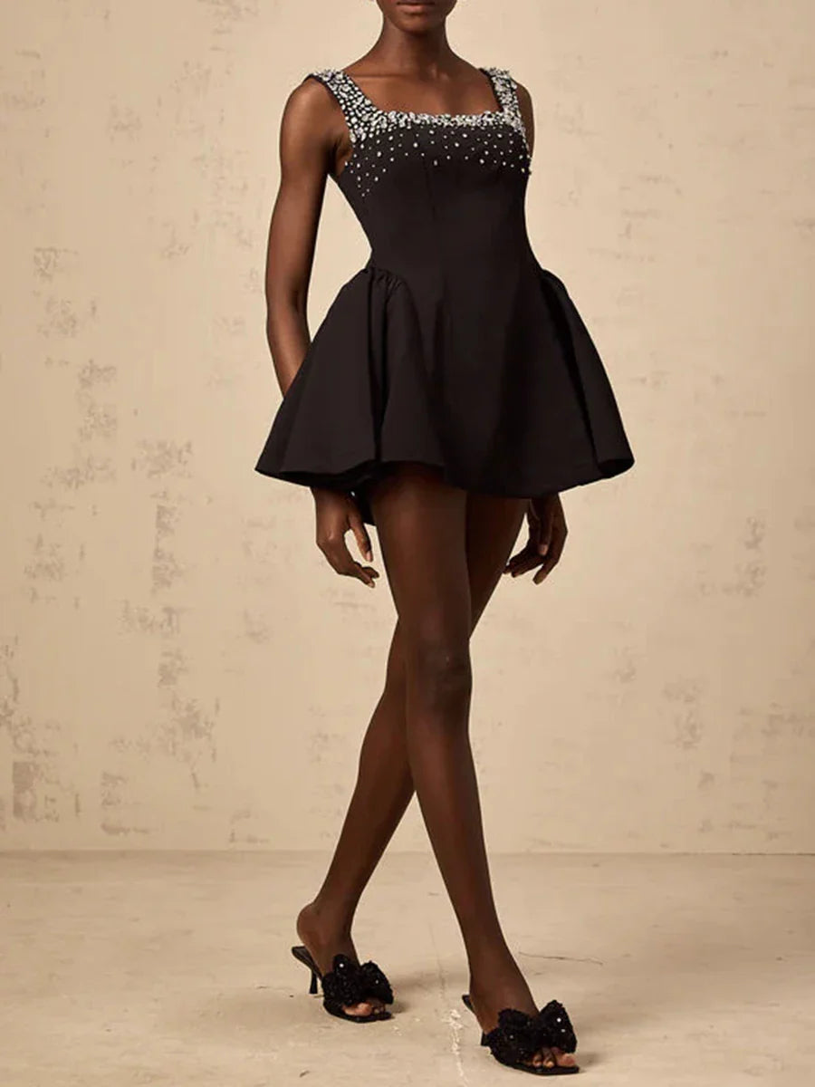 Solid Slimming Fashion Dresses for Women Square Neck Sleeveless Patchwork Diamonds Tunic Dress Female Clothing New