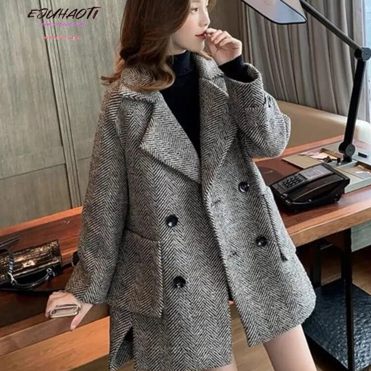 Woolen Cloth Women's Coat 2024 Autumn Winter Korean British Style Retro Thicken Mid Length Version Woman Clothing