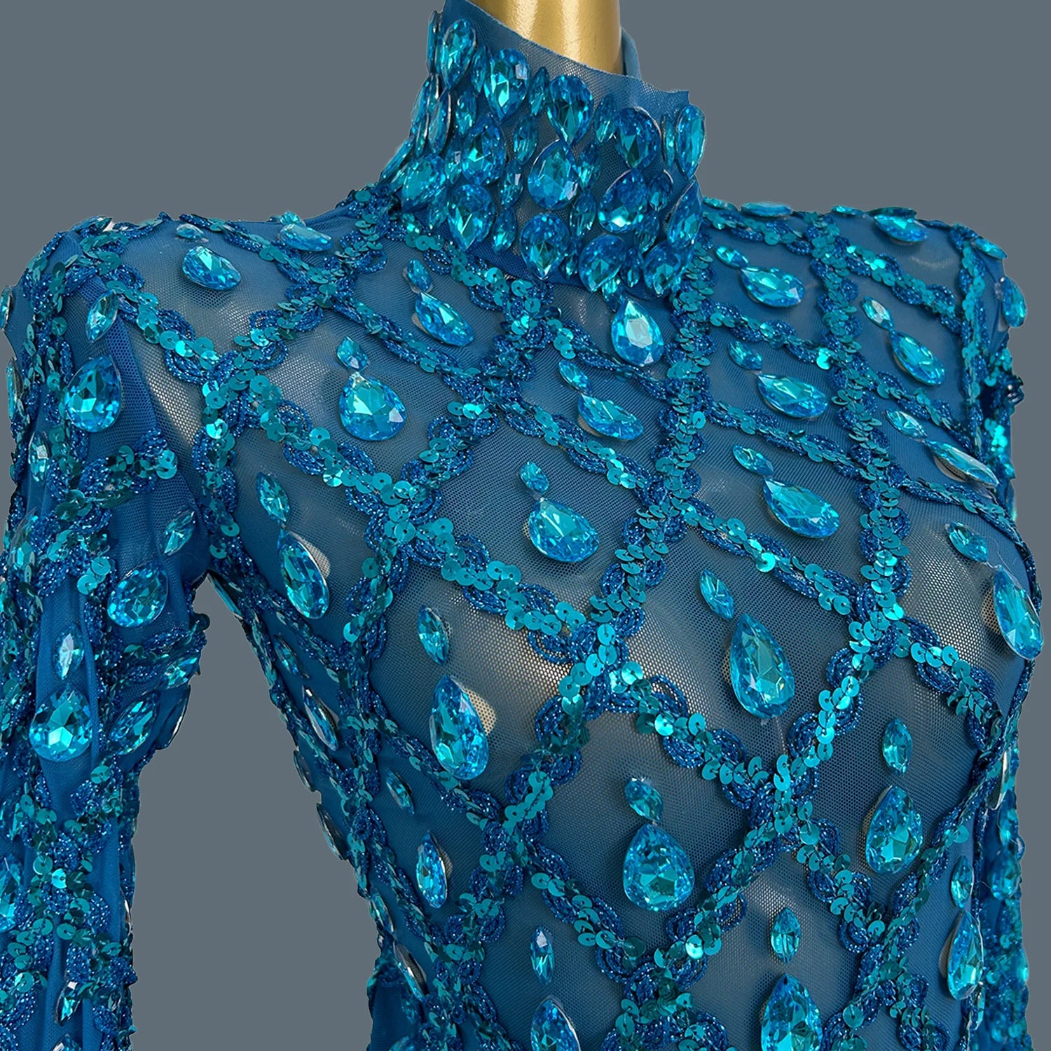 Sparkly Rhinestone Long Sleeved Mesh Dress Luxury Dinner Birthday Celebrate Prom Elegant Sexy Women Skinny Ball Dress Shaokaojia