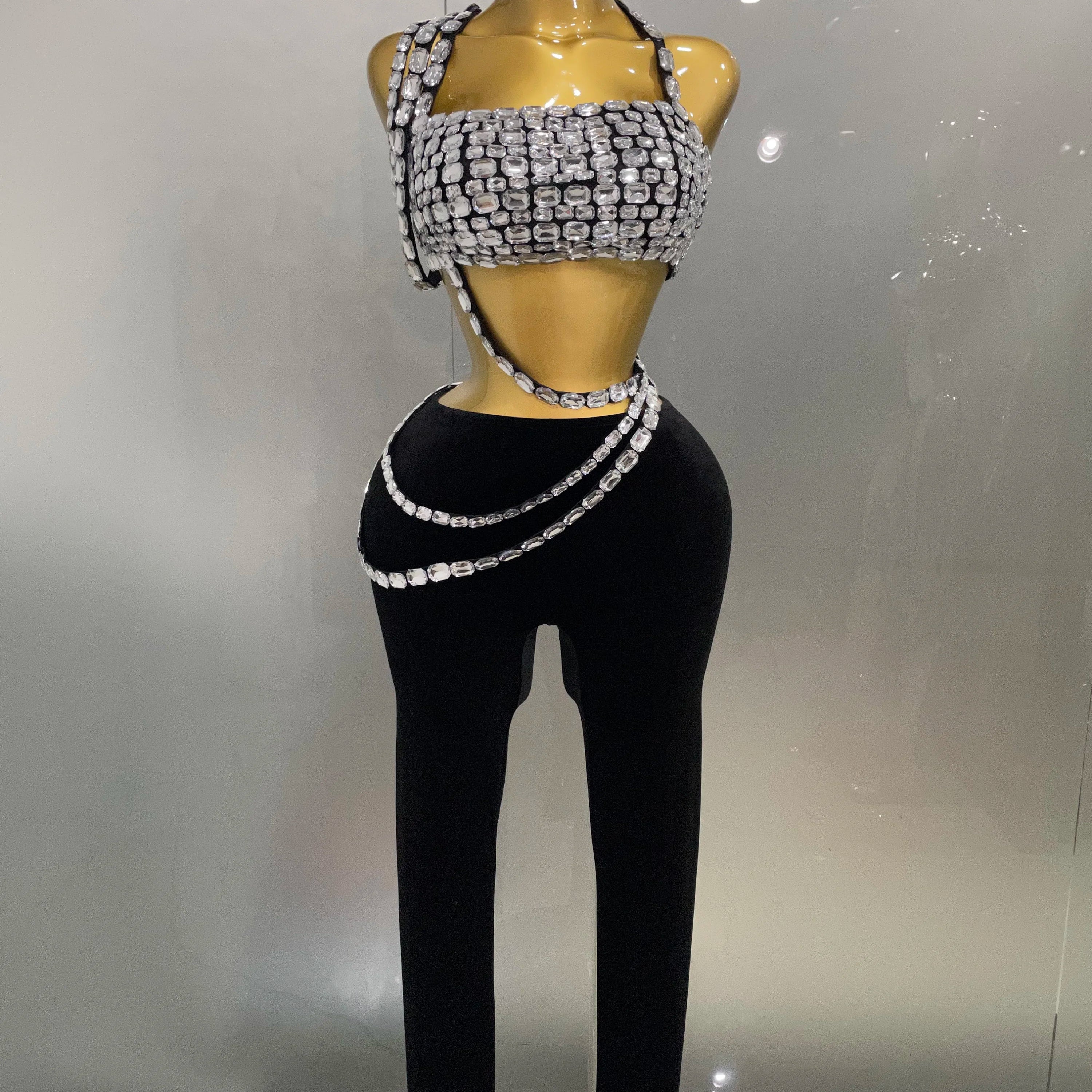 2025 New Luxury Sparkle Diamonds Sexy Crop Top Velour Pant Two Pieces Set Women Celebrate Birthday Party Nightclub Stage Costume black