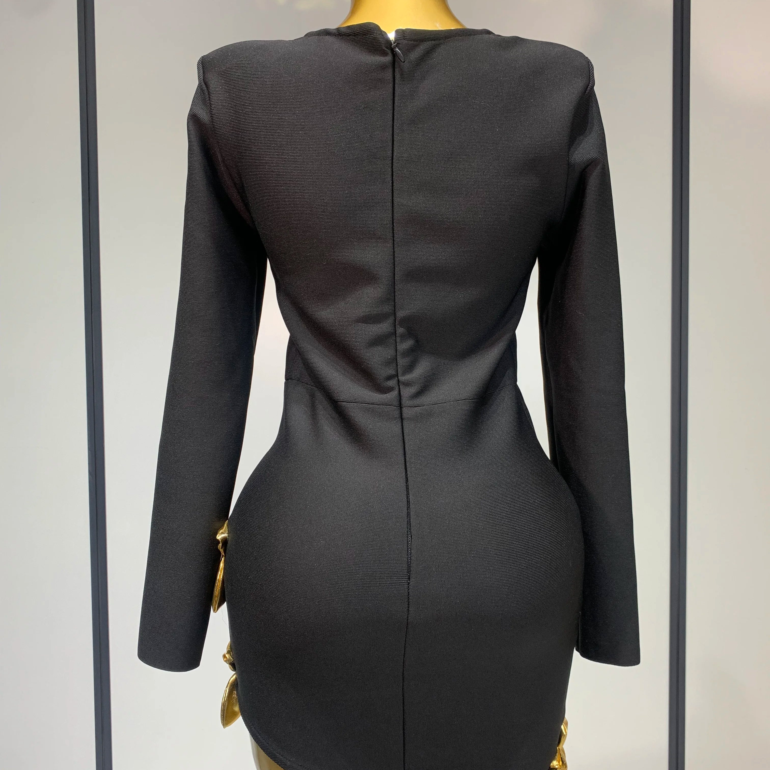 Women Long Sleeve Sexy Square Collar Gold Flower Bodycon Mini Bandage Dress Celebirty Elegant Nightclub Luxury Birthday Dresses