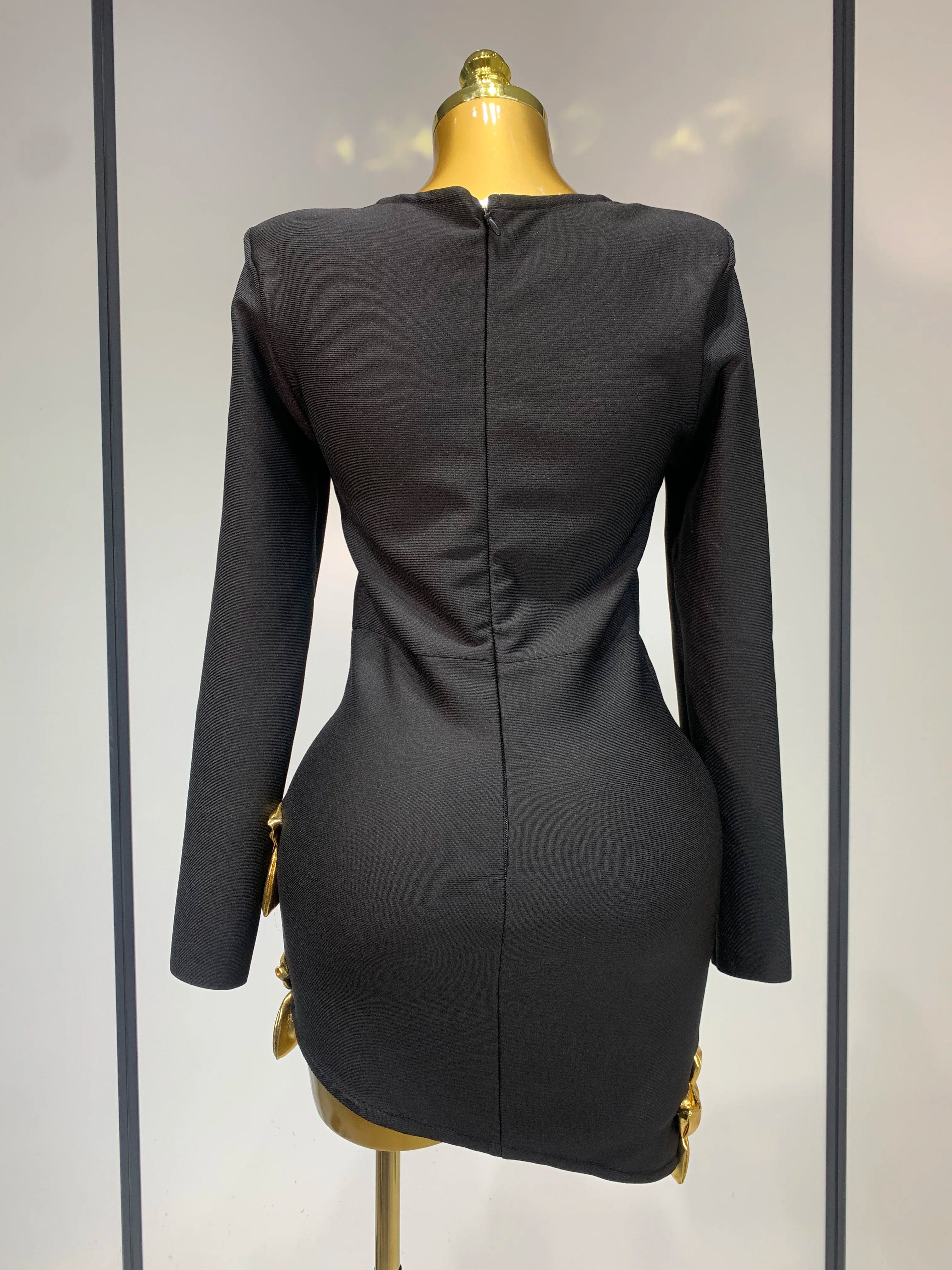 Women Long Sleeve Sexy Square Collar Gold Flower Bodycon Mini Bandage Dress Celebirty Elegant Nightclub Luxury Birthday Dresses