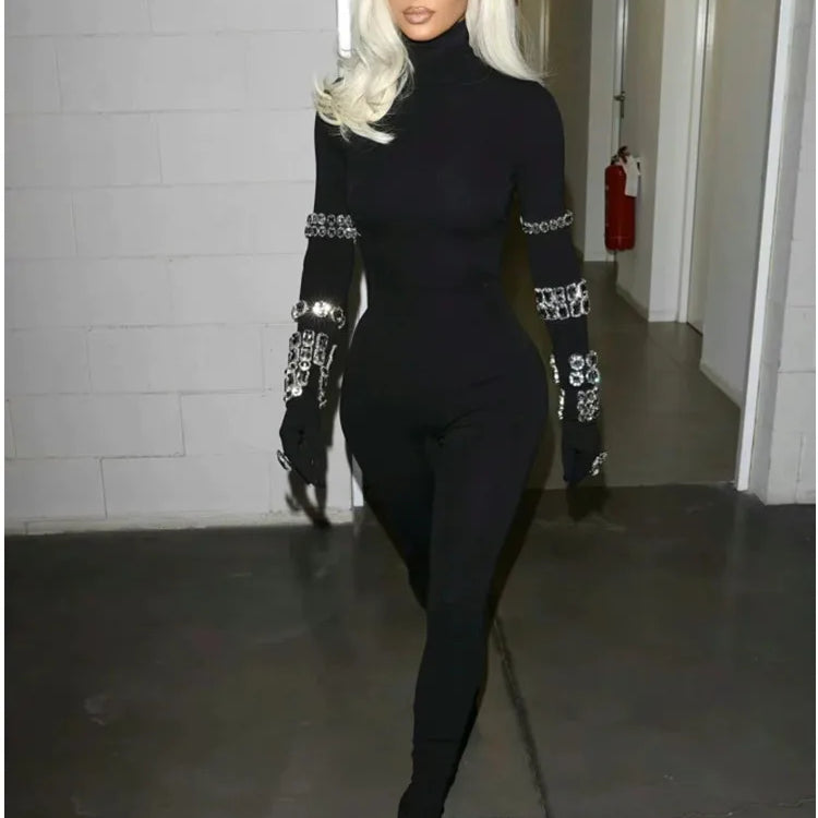 Celebrity Red Carpet Jumpsuit Women Long Sleeve Sexy Big Crystal Bodycon Bandage Jumpsuit Nightclub Party Celebrate Wear