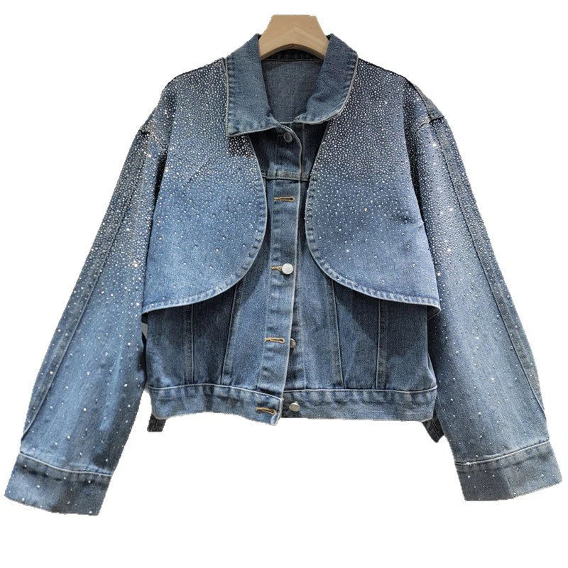 New Heavy Industry Bright Diamond Shiny Short Long Sleeve Cardigan Coat Vest Denim Two-piece Set For Women 11A07630