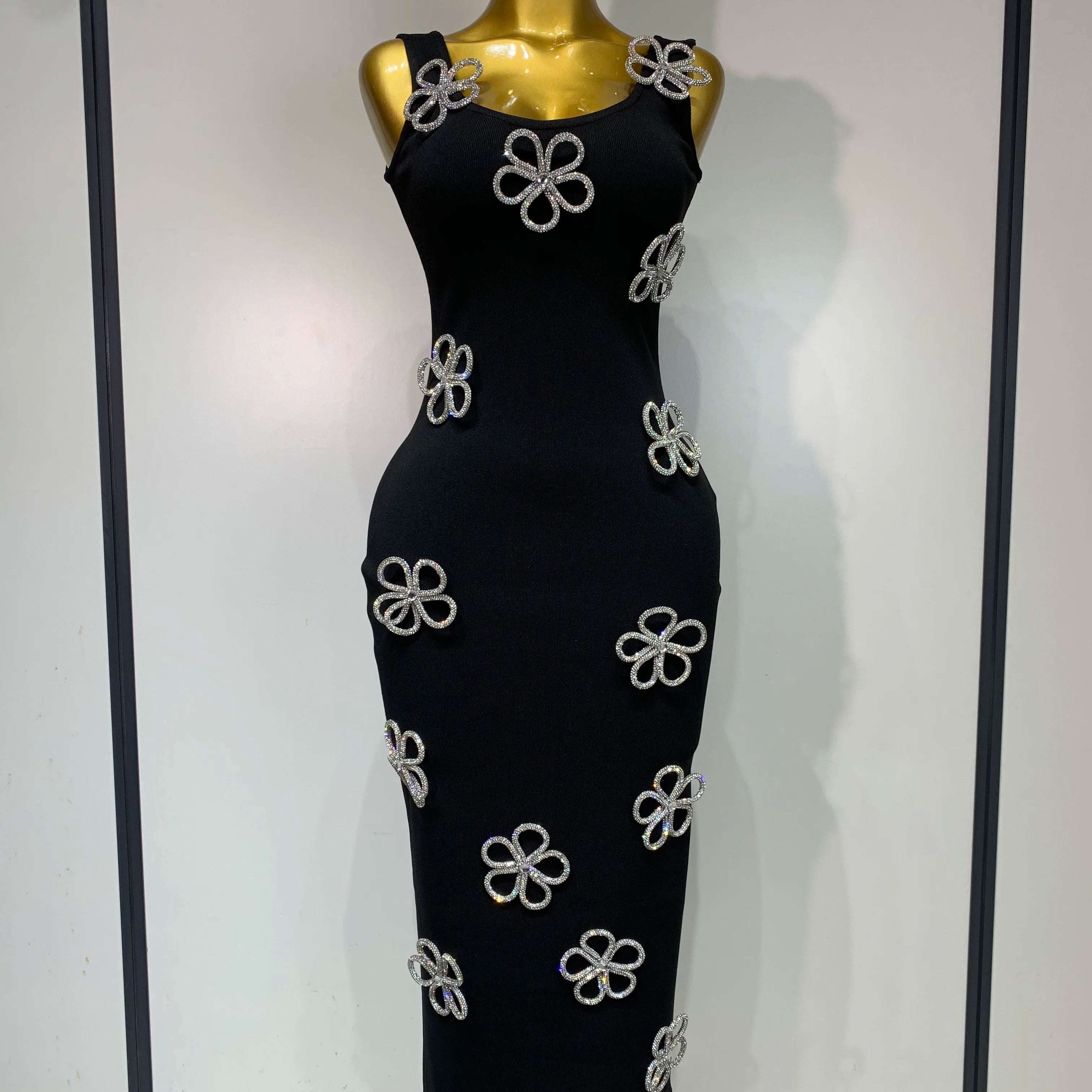 Women Celebrity Sexy Diamonds Flower Black Long Bodycon Bandage Dress 2025 Elegant Evening Club Party Luxury Birthday Dresses black