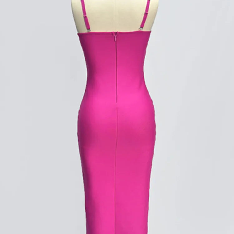Women Celebrity Sexy V Neck Backless Button Hot Pink Midi Bodycon Bandage Dress 2024 Elegant Evening Club Party Outfit