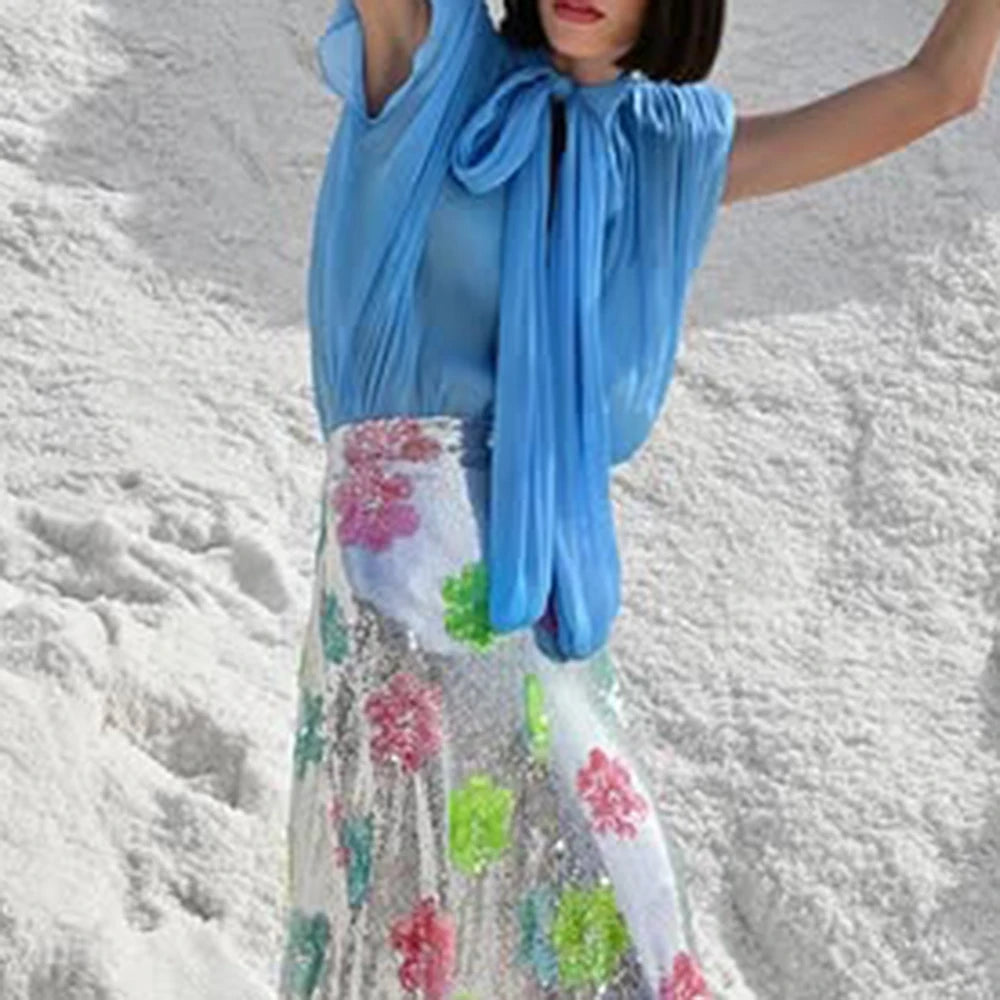 Solid Loose Spliced Bow Elegant Blouses for Women Round Neck Sleeveless Temperament Blouses Female Fashion Clothing