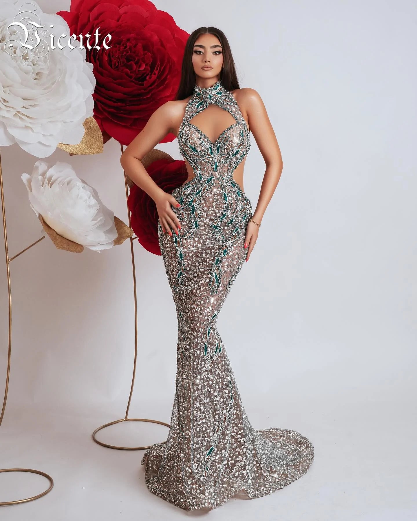 Sparkling Green Sequins Crystal Cut-Out Mermaid Sleeveless Dress Gown for Balls Party