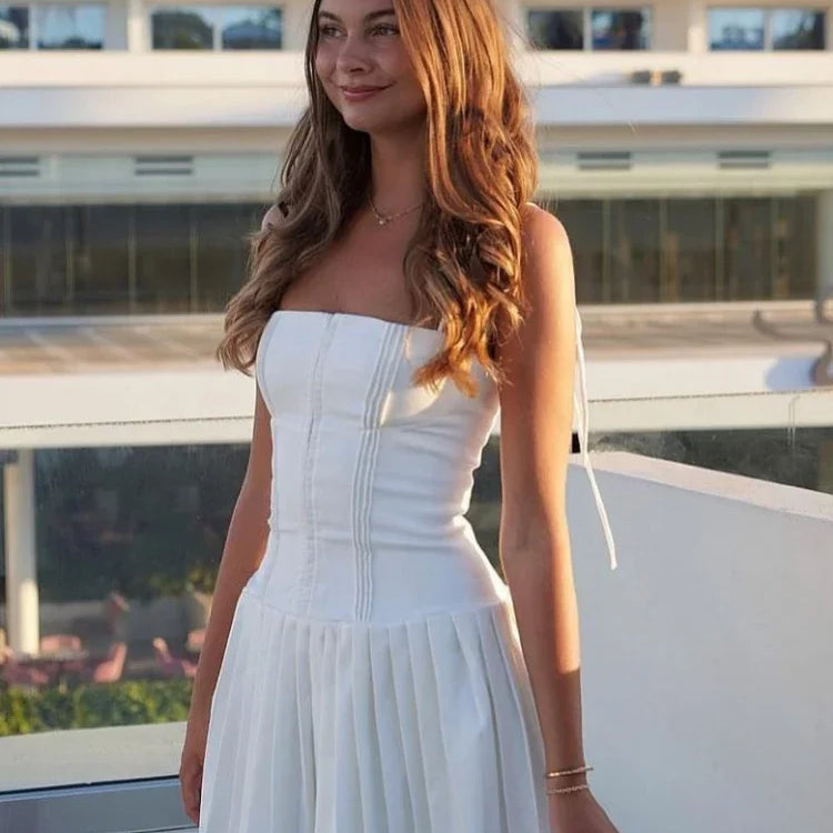 Mingmingxi Summer Dress Women Mini A Line Birthday Party Dresses Casual Holiday Vacation White Pleated Dress for Club Outfits