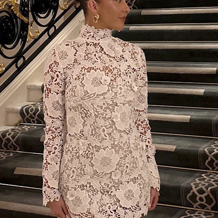 White Turtleneck Lace Floral Mini Dress For Women Long Sleeves Slim Bodycon Elegant Evening Party Cocktail Wear