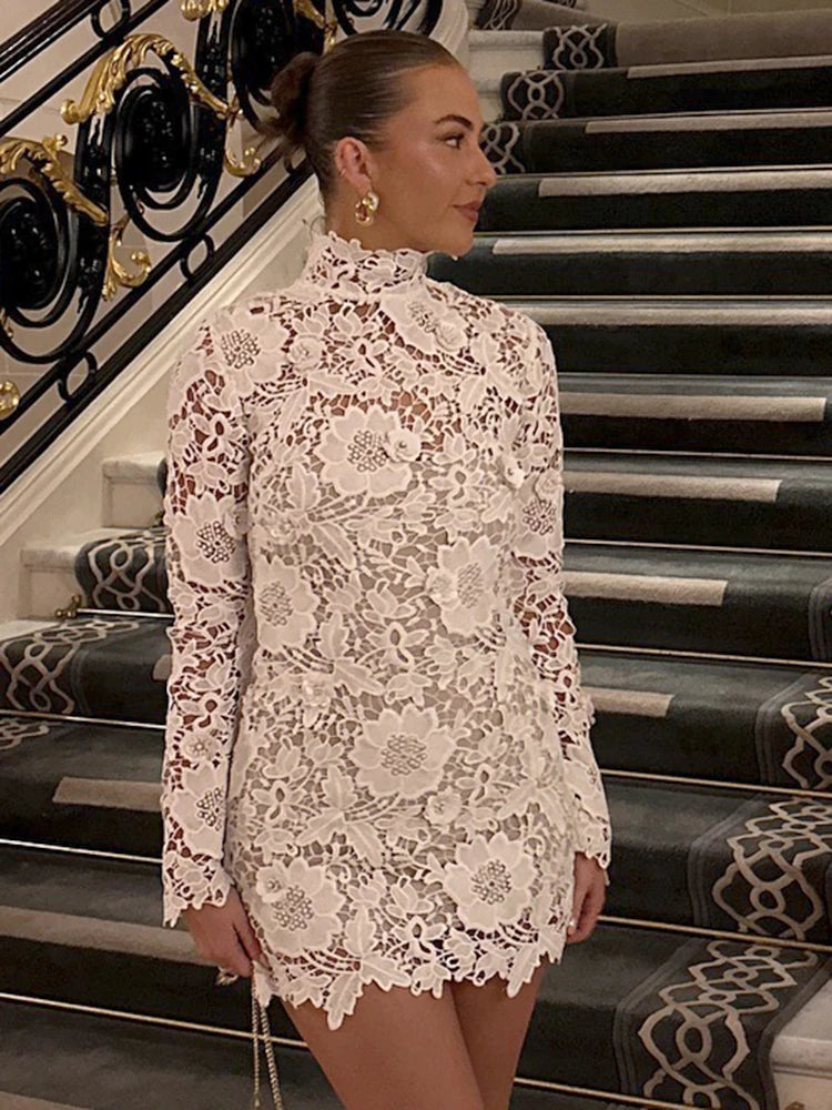 White Turtleneck Lace Floral Mini Dress For Women Long Sleeves Slim Bodycon Elegant Evening Party Cocktail Wear