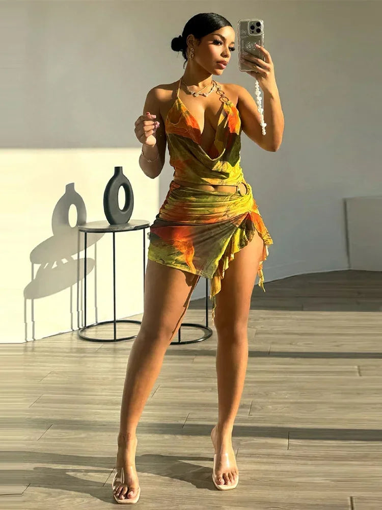 Sexy Printed Tie-dye Hollow Out Mini Dress Fashion Sleeveless Curling Edge Slim Fit Gown New Female Cocktail Party Vestidos 2025