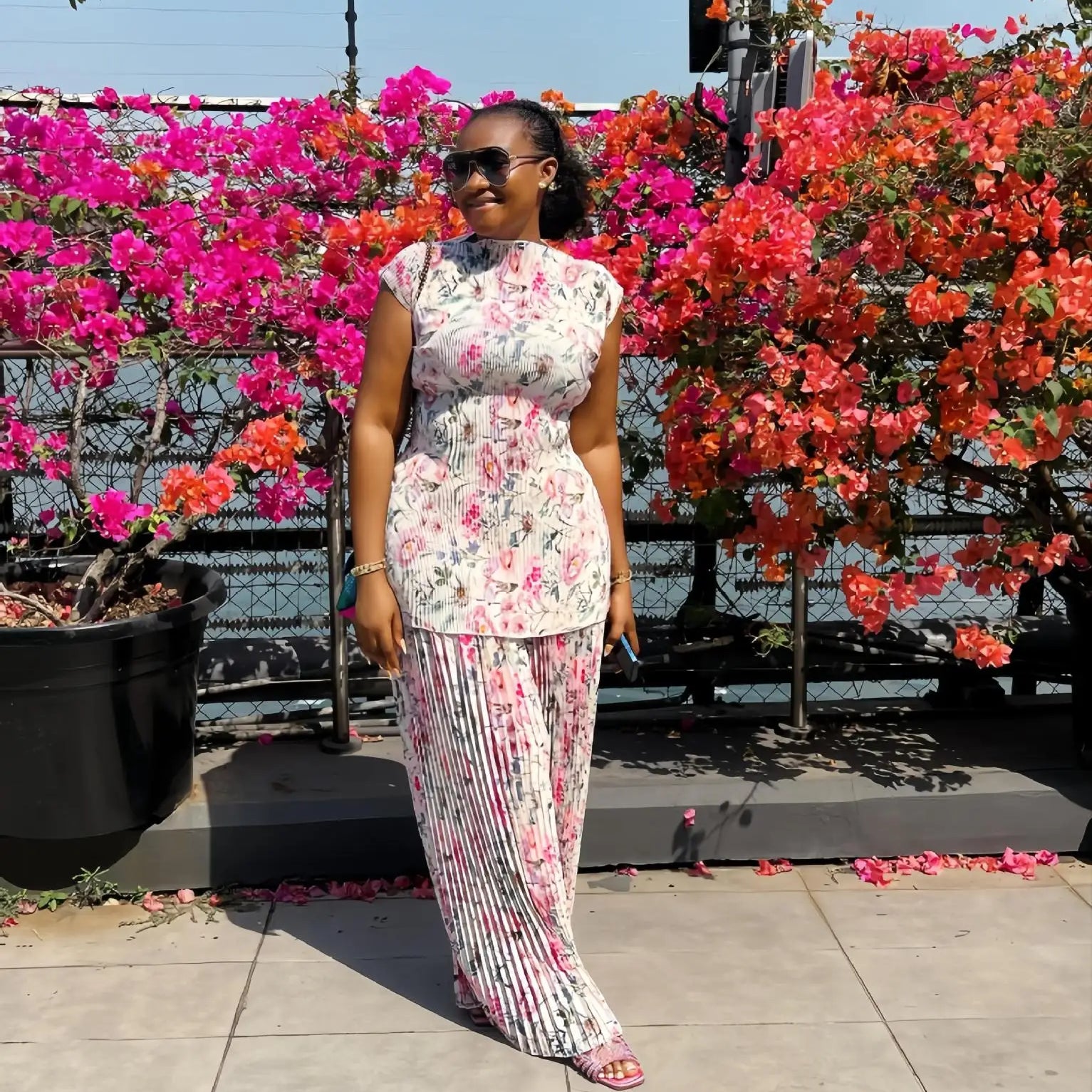 CM.YAYA Women Set Floral Print Short Sleeve Pleated T-Shirt + Wide Leg Pants 2025 Street Sexy Two 2Piece Sets Outfits Tracksuit