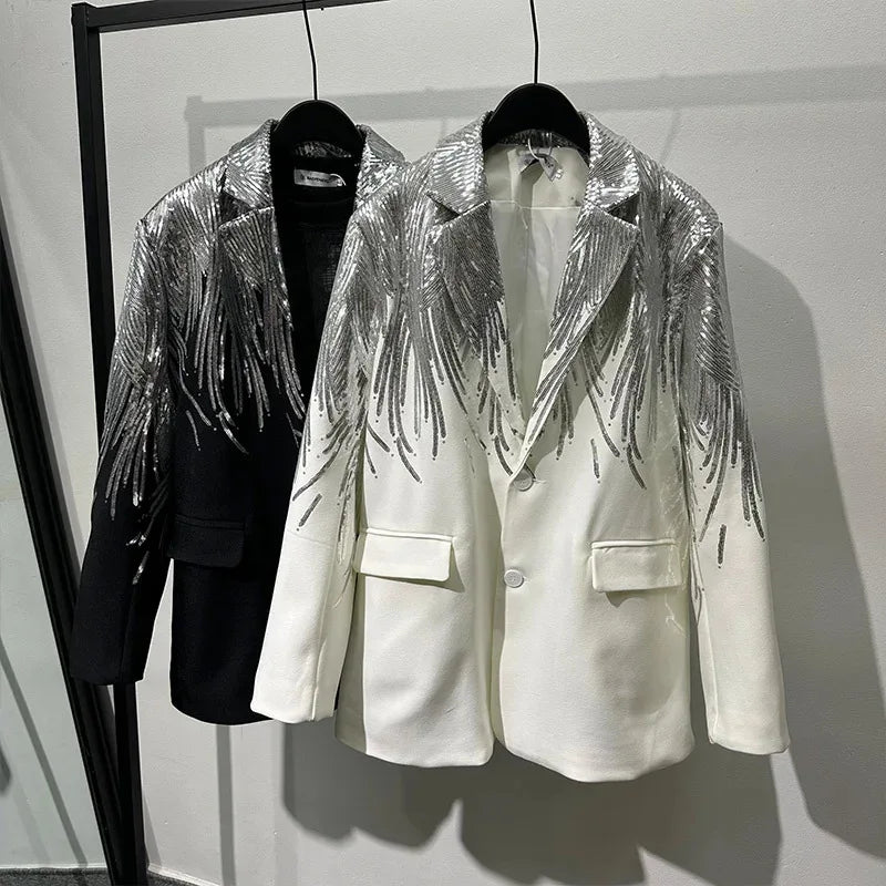 Solid Spliced Sequins Elegant Jackets for Women Lapel Long Sleeves Patchwork Single Breasted Jacket Female Fashion