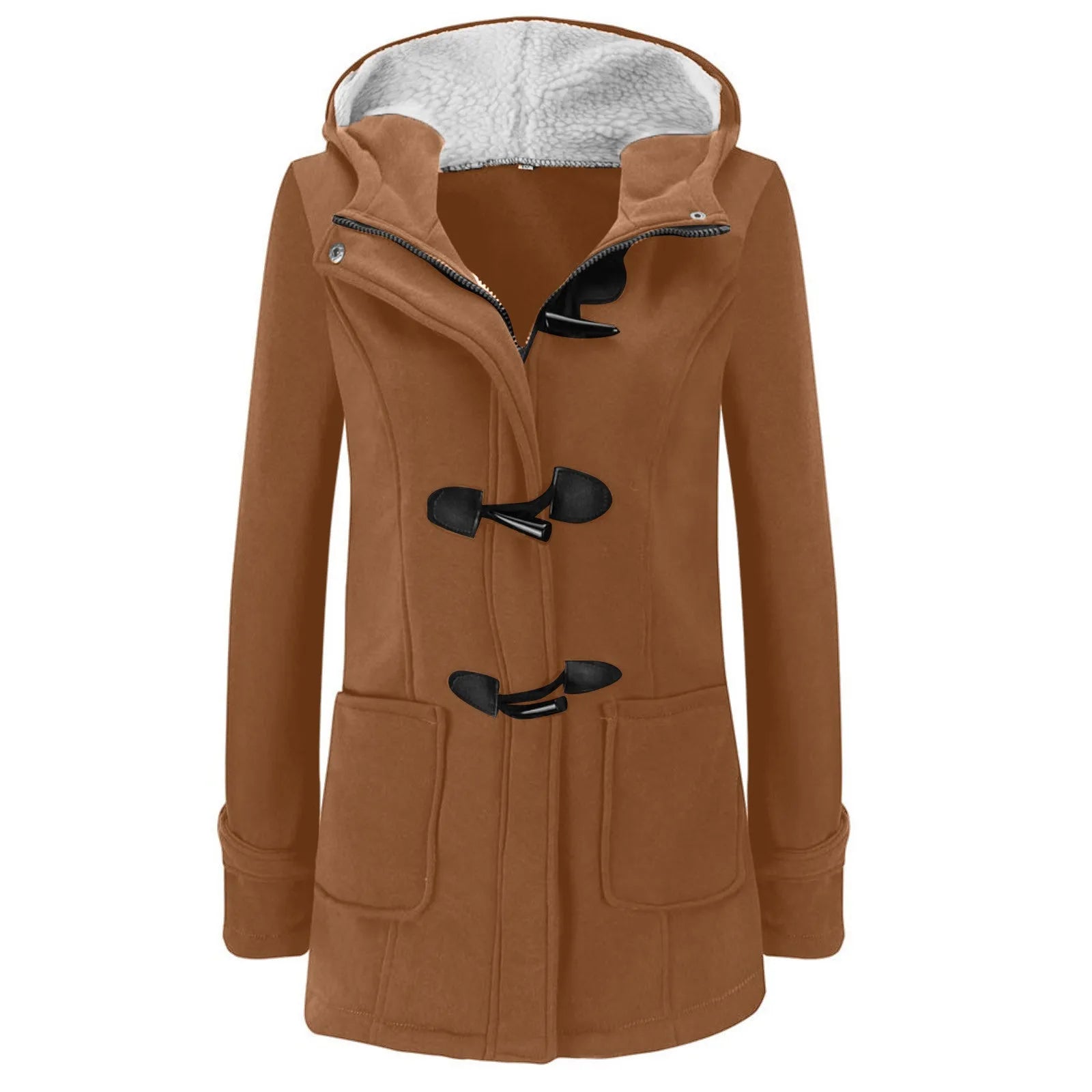 Womens Winter Coats Thicken Sherpa Lined Jacket Fashion Horn Button Hooded Outwear Warm Wool Blended Pea Coat Pockets Coffee
