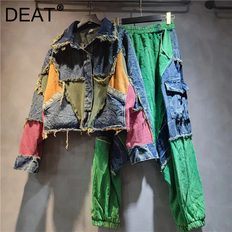 Autumn New Fashion Vintage Denim Fashion Set For Women Loose Long Sleeve Jacket Elastic Waist Wide-Leg Pants 1A07534