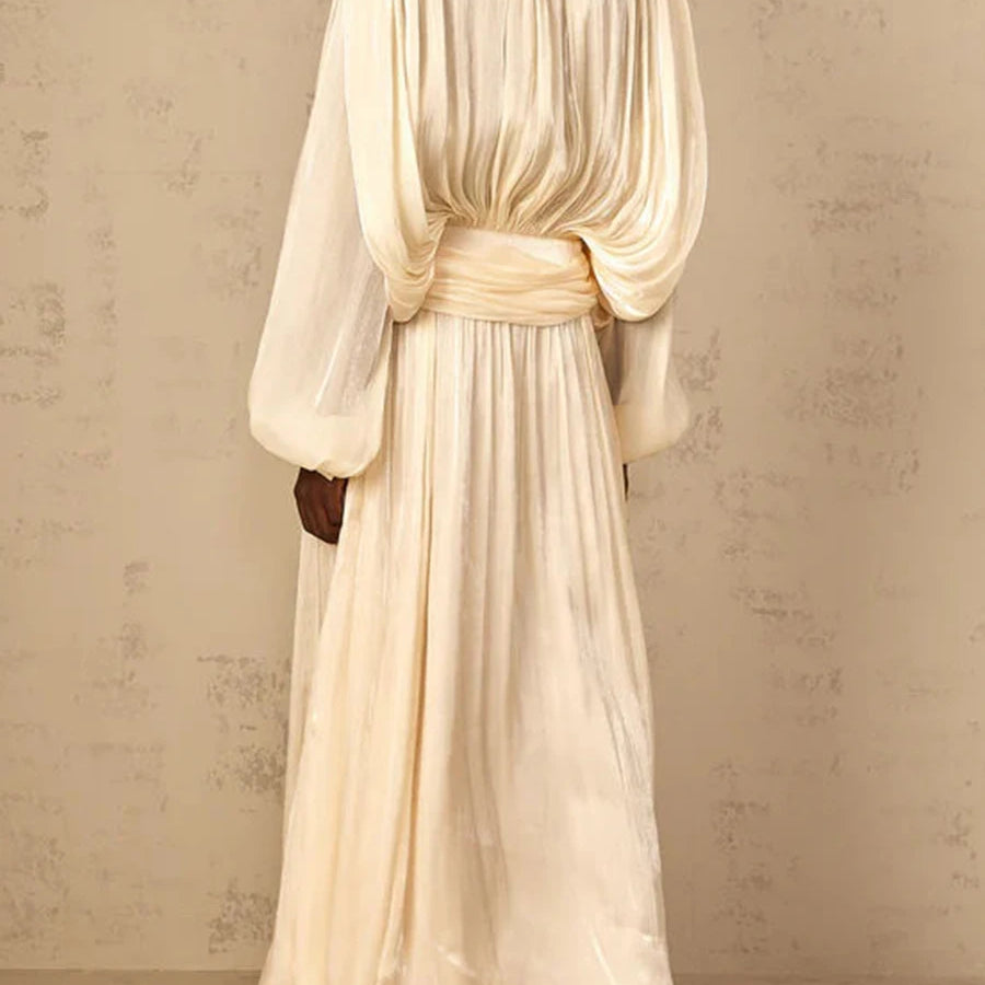 Solid Loose Spliced Folds Elegant Dresses for Women Round Neck Long Sleeves Patchwork Lace Up Dress Female Fashion