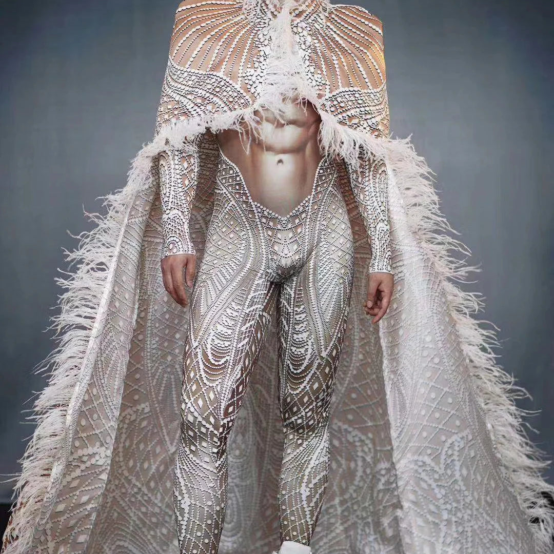 Fashion White Printed Tight Jumpsuit with Feather Long Cloak Unisex Stage Performance Dance Costume Set for Men And Women Xuenv Men One Size