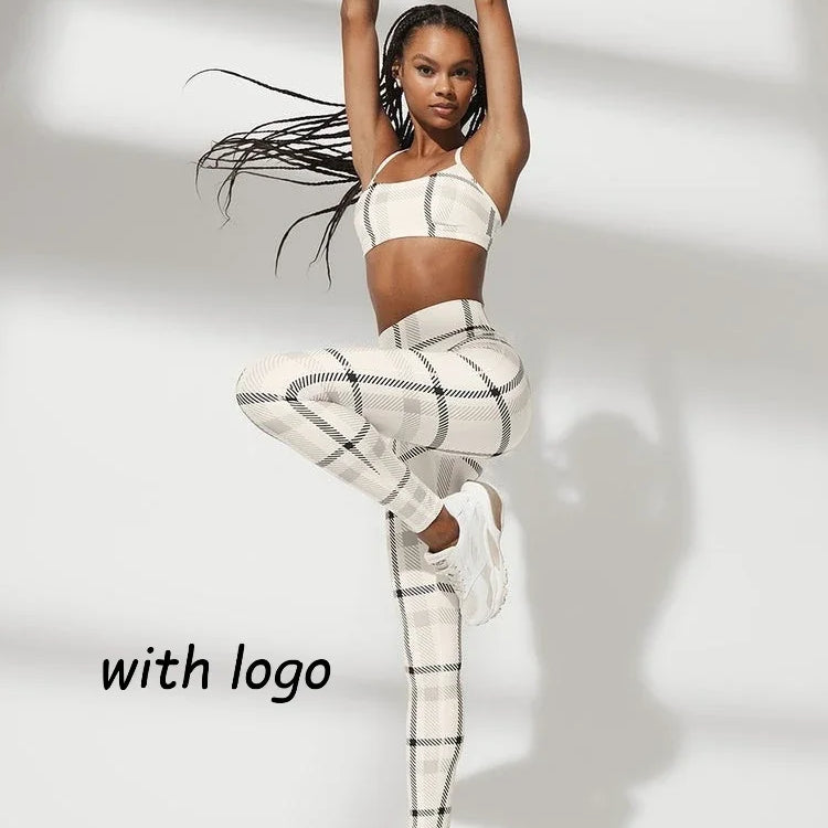 LO Sports Yoga Set with Chest Pads Checkered Printing, Advanced Yoga Fitness Set Sexy Indoor Outdoor Sports Clothing Yoga Set