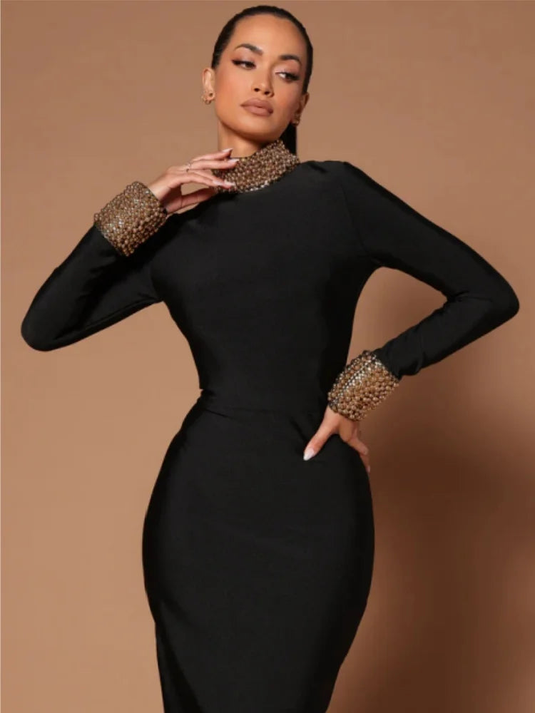2024 New Winter Black Women Long Sleeve Sexy Golden Beading Bodycon Bandage Long Dress Backless Celebrate Evening Party Outfit black