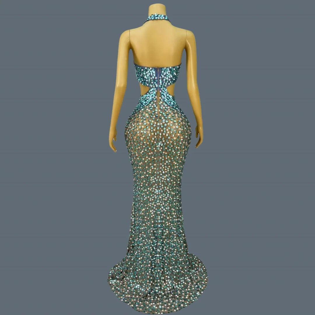 New Mermaid Blue Maxi Dress Shell Sequins Rhinestone Evening Gown for Women Luxury Ball Dress Deep V Neck Mesh Dress Beiduofen