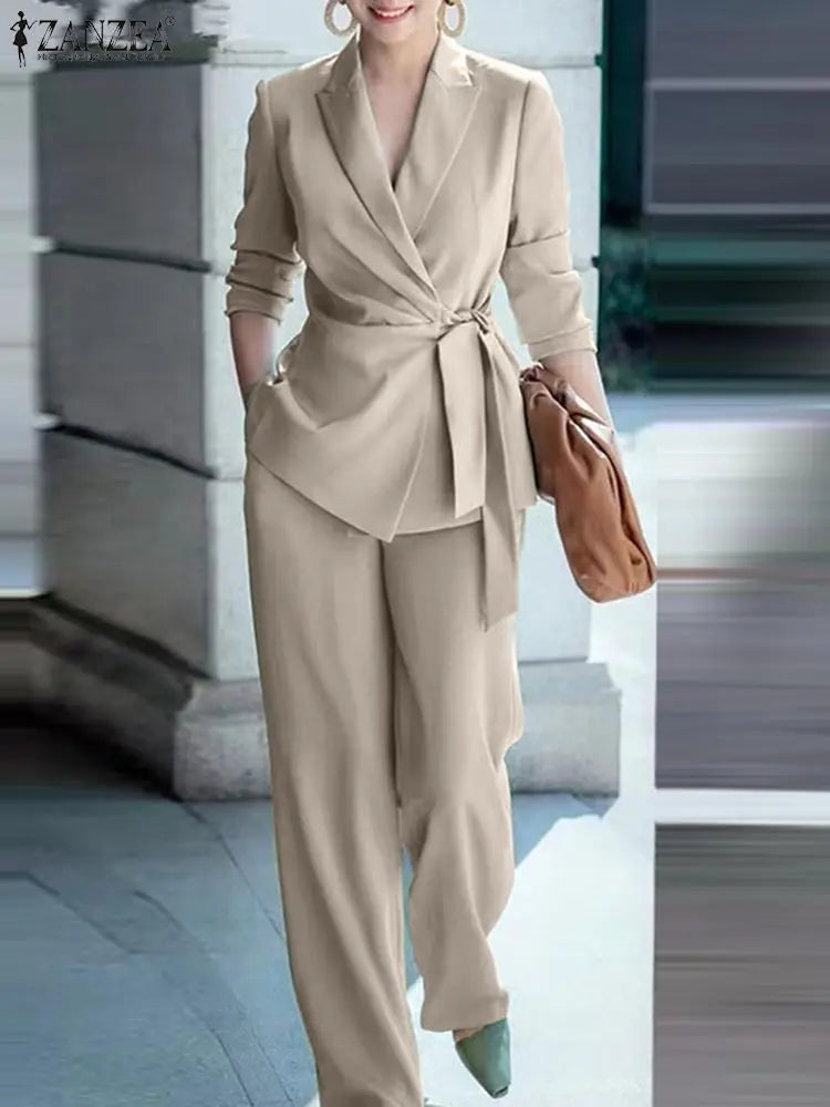 ZANZEA Elegant OL Work Suit Women Solid Blazer & Wide Leg Pant Sets Fashion 2PCS Urban Tracksuits Ladies Office Outfits Oversize Beige