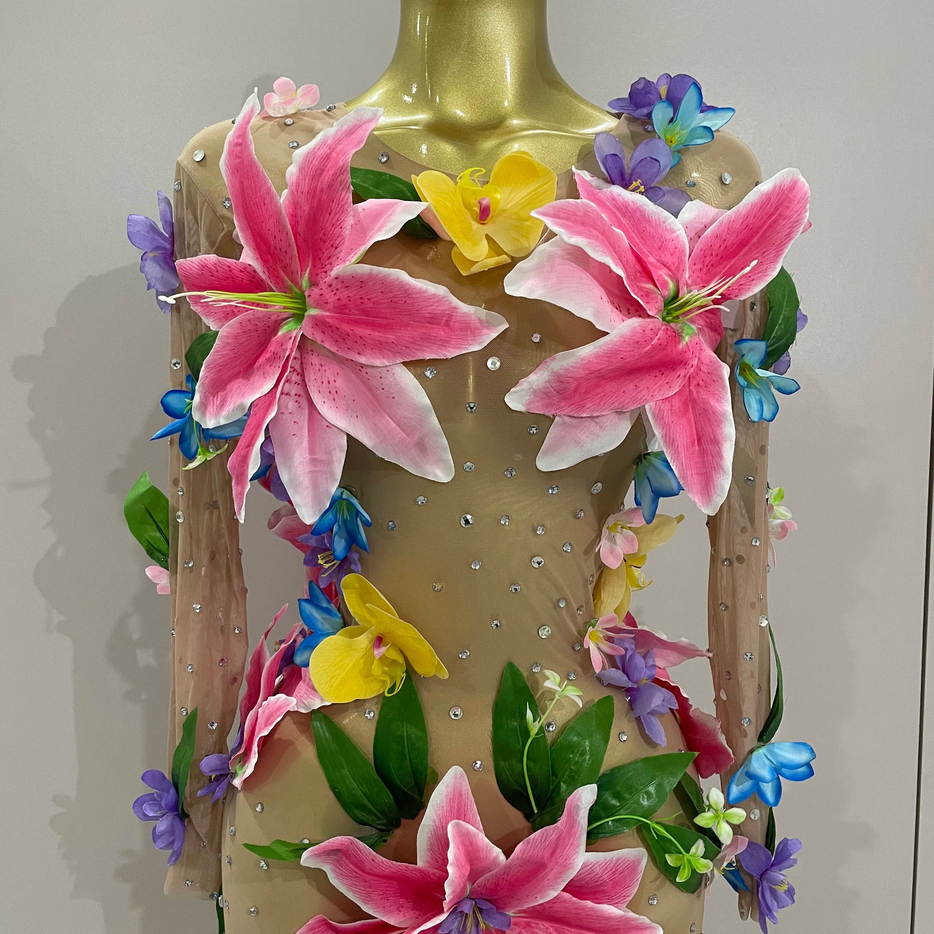 2025Sparkly Rhinestones 3D Flower Nude Mesh Transparent Jumpsut Women Evening Party Birthday Nightclub Performance Stage Costume