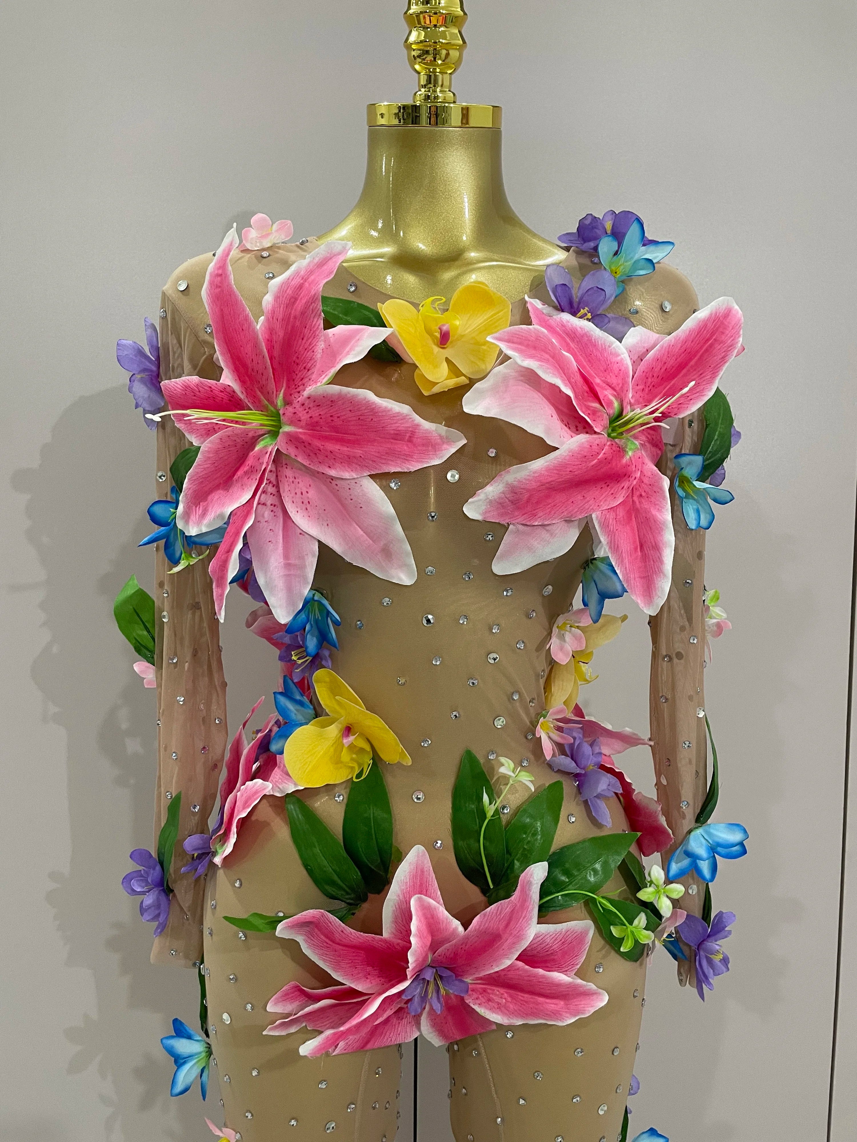 2025Sparkly Rhinestones 3D Flower Nude Mesh Transparent Jumpsut Women Evening Party Birthday Nightclub Performance Stage Costume