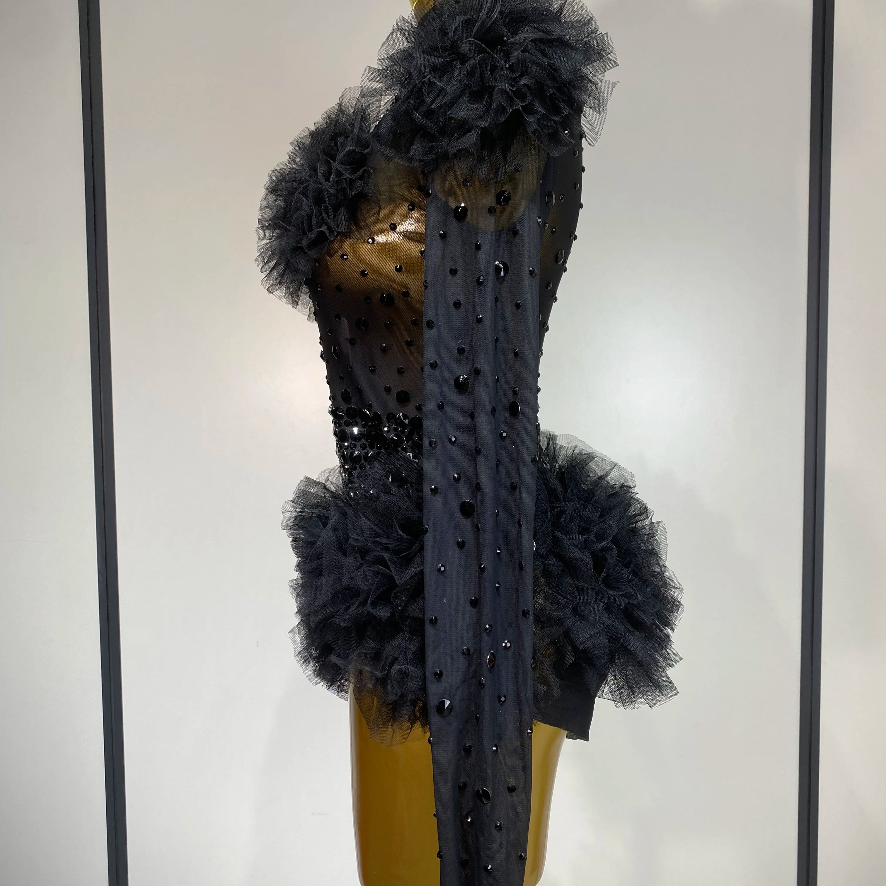 Sexy See Through Luxury Rhinestone Bodysuit Women Sexy Bodycon Mesh Ruffles Performance Dance Singer Nightclub Stage Outfit