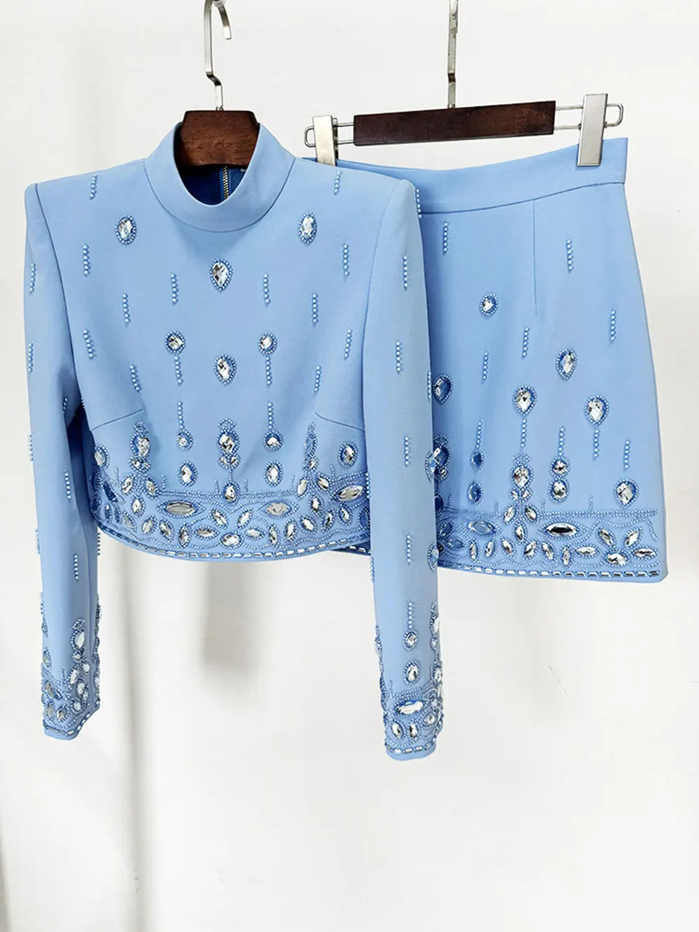 2025 Autumn Elegant Women's Nail Pearl Water Diamond Blue Skirt Sets O-neck Long Sleeve Hoodie Top+Mini Skirt Two Piece Set SKY BLUE