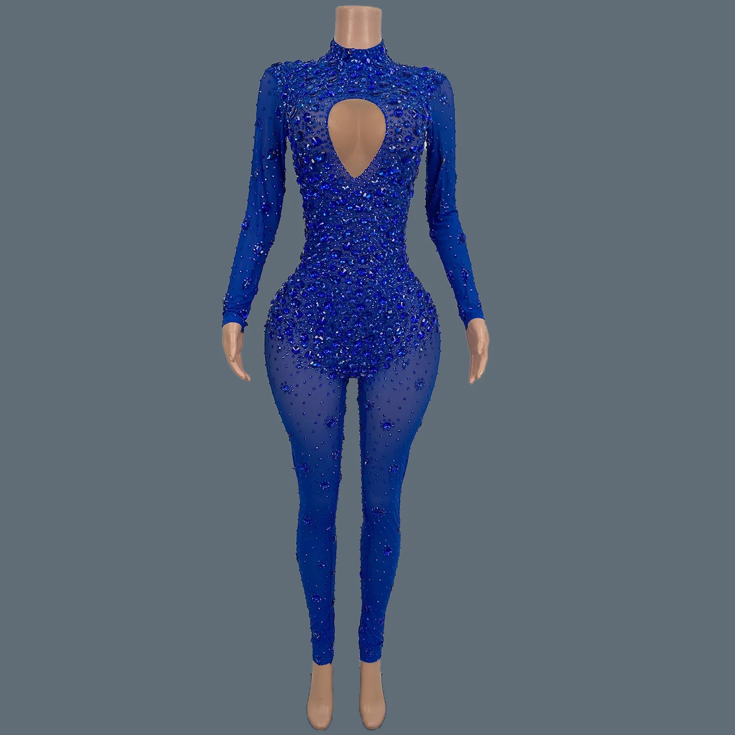 Sparkly Rhinestone See Through Mesh Tight Fitting Jumpsuit Women Night Party Outfit Female Singer Stage Performance Wear Cuican Blue