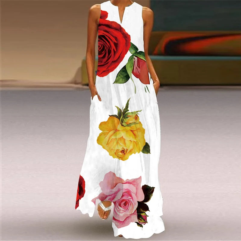 Fashionable Women's Hollow V-neck Maxi Dress Fresh Flower Print Sleeveless Loose Straight Beach Seaside Vacation Long Dress B43QZXG727810