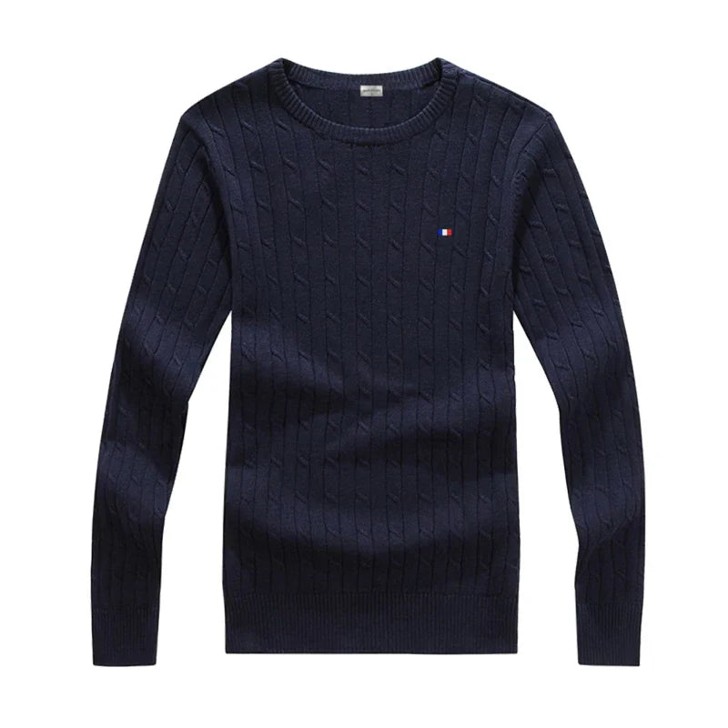 Brand Women's Clothing 2022 Early Loose O-Neck Knitted Sweater Cable Knitted Sweater 100% Cotton RL8519 Navy Blue