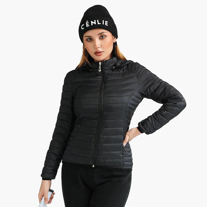 Winter Parka Ultralight Padded Puffer Jacket For Women Coat With Hood Outdoor Warm Lightweight Outwear With Storage Bag Black