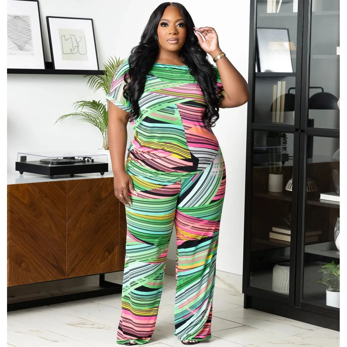 2 Piece Women Sets 2024 Plus Size Summer Matching Sets Print Two Pieces Sets Top Pants Suits Outfits Clothing Picture color 1