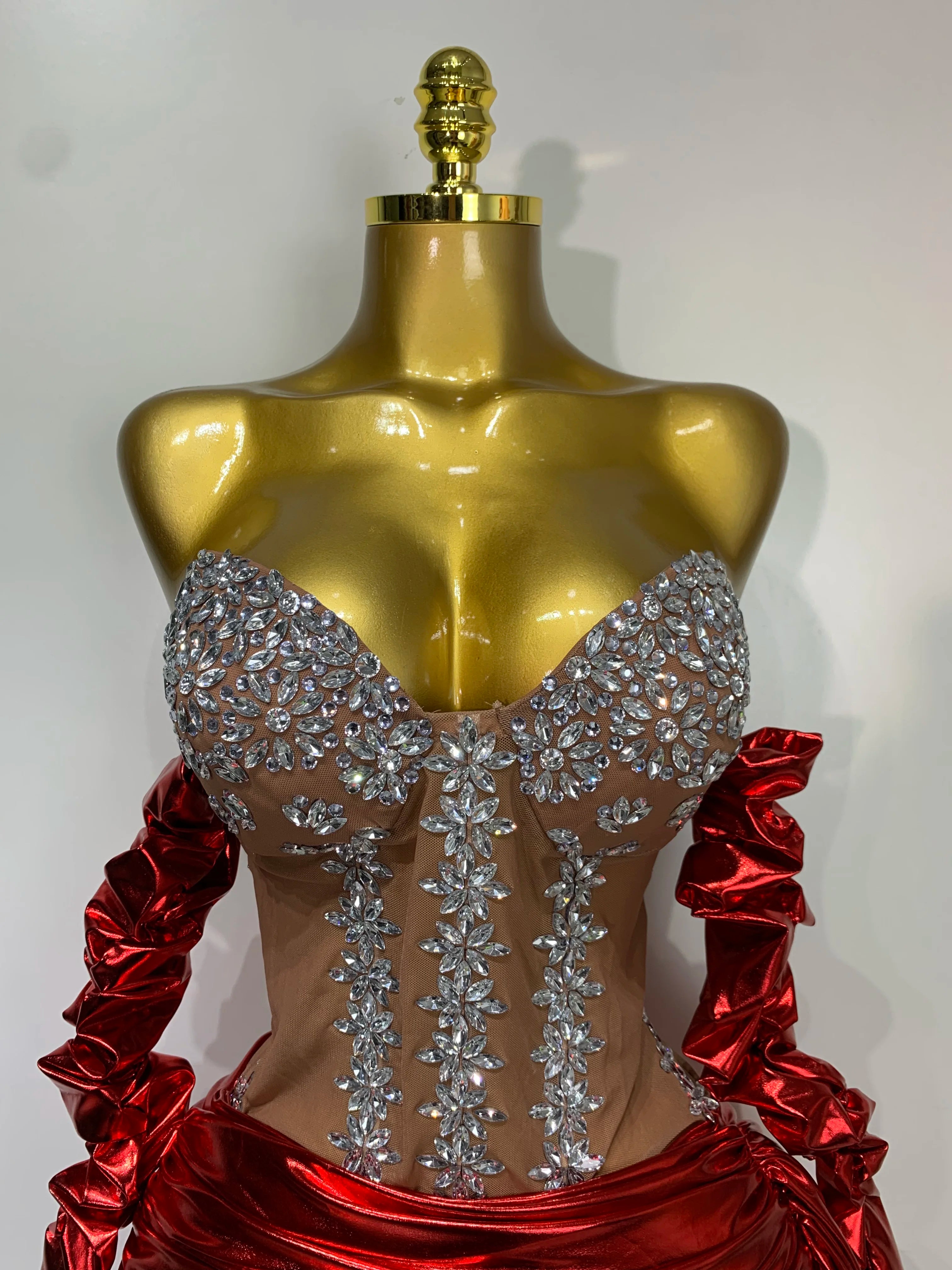 Sparkly Diamonds Sexy Mesh See Through Mini Dress Glove Women Celebrate Party Luxury Birthday Nightclub Perform Stage Outfit