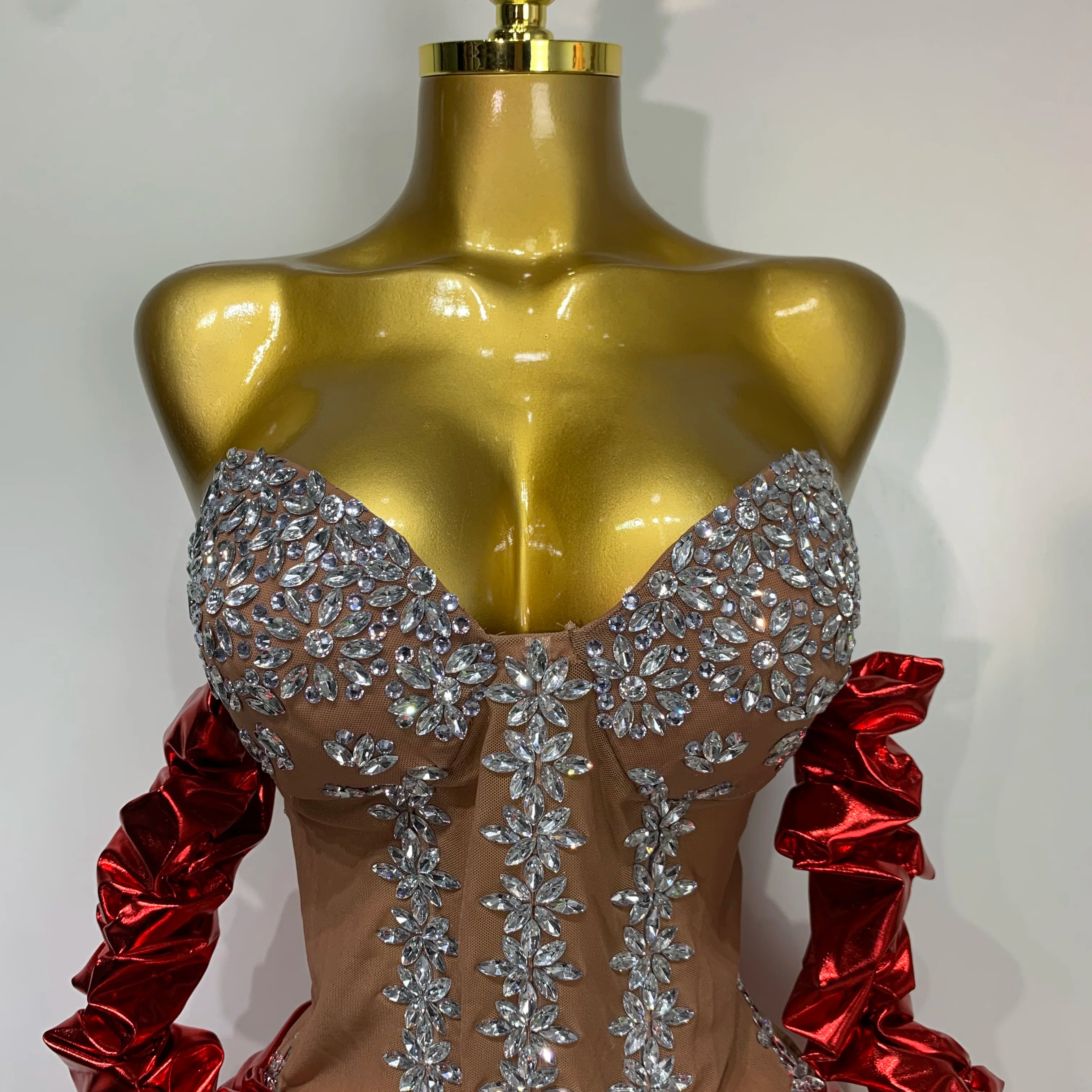 Sparkly Diamonds Sexy Mesh See Through Mini Dress Glove Women Celebrate Party Luxury Birthday Nightclub Perform Stage Outfit