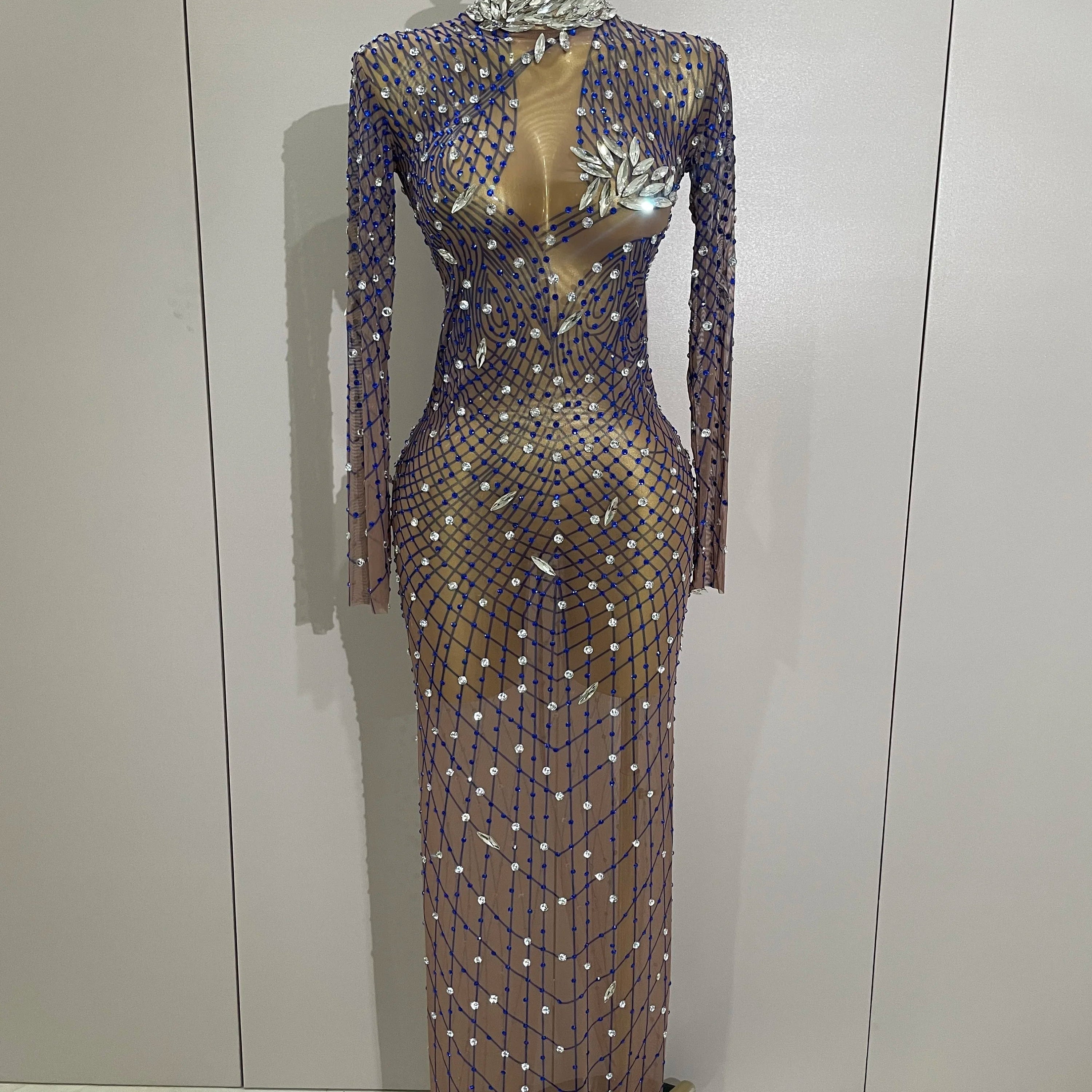 Shining Rhinestones Sexy Mesh See Through Long Dress Women Birthday Celebrate Evening Singer Show Stage Wear Photo Shoot Dress Blue