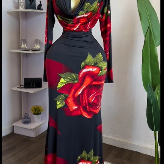 Women Rose Printed Long Sleeve Pile Neck Bodycon Midi Maxi Long Dress 2025 Summer Birthday Vacation Sexy Party Dresses black
