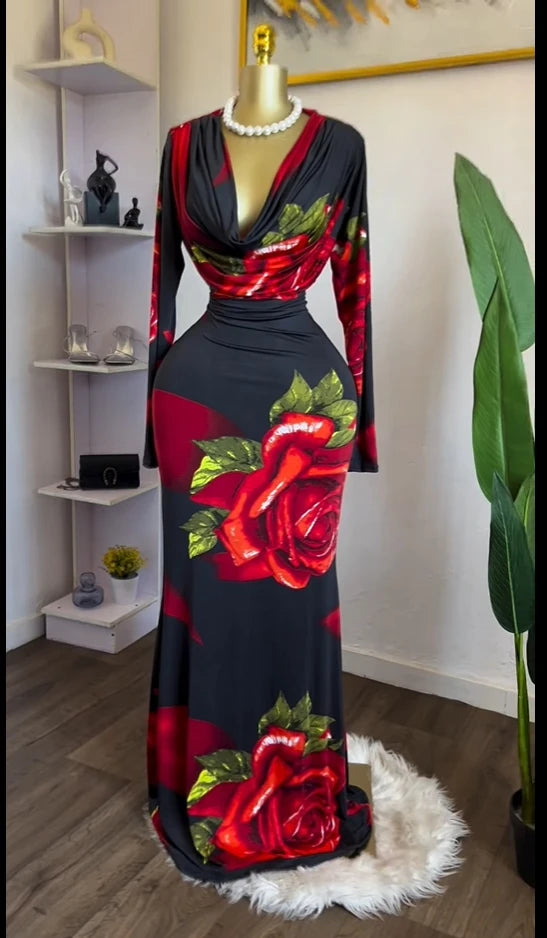 Women Rose Printed Long Sleeve Pile Neck Bodycon Midi Maxi Long Dress 2025 Summer Birthday Vacation Sexy Party Dresses black