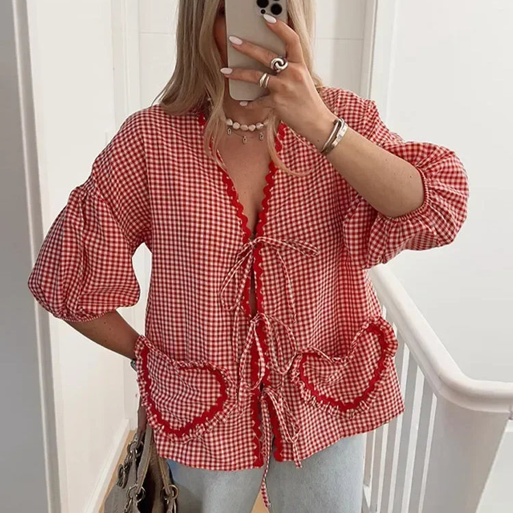 Fashion Plaid Ruffle Lace Up Shirt Women Sweet V Neck Half Puff Sleeve Heart Shaped Pocket Tops Female Loose Lady Street Blouse Red