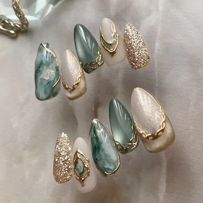 24Pcs 3D Green Ripple Design False Nails Cat's Eye French Almond Fake Nail Tips Leaves Pattern Removable Oval Press on Nails 1997