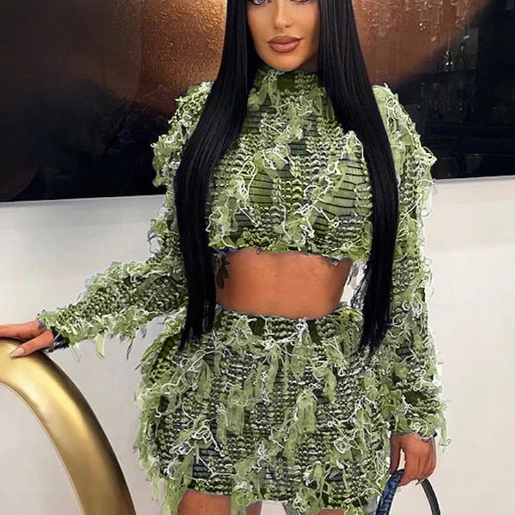 Weird Puss See Through Patchwork Women 2 Piece Set Elastic Tassel Thin Crop Tops+Skinny Skirts Matching Midnight Party Clubwear