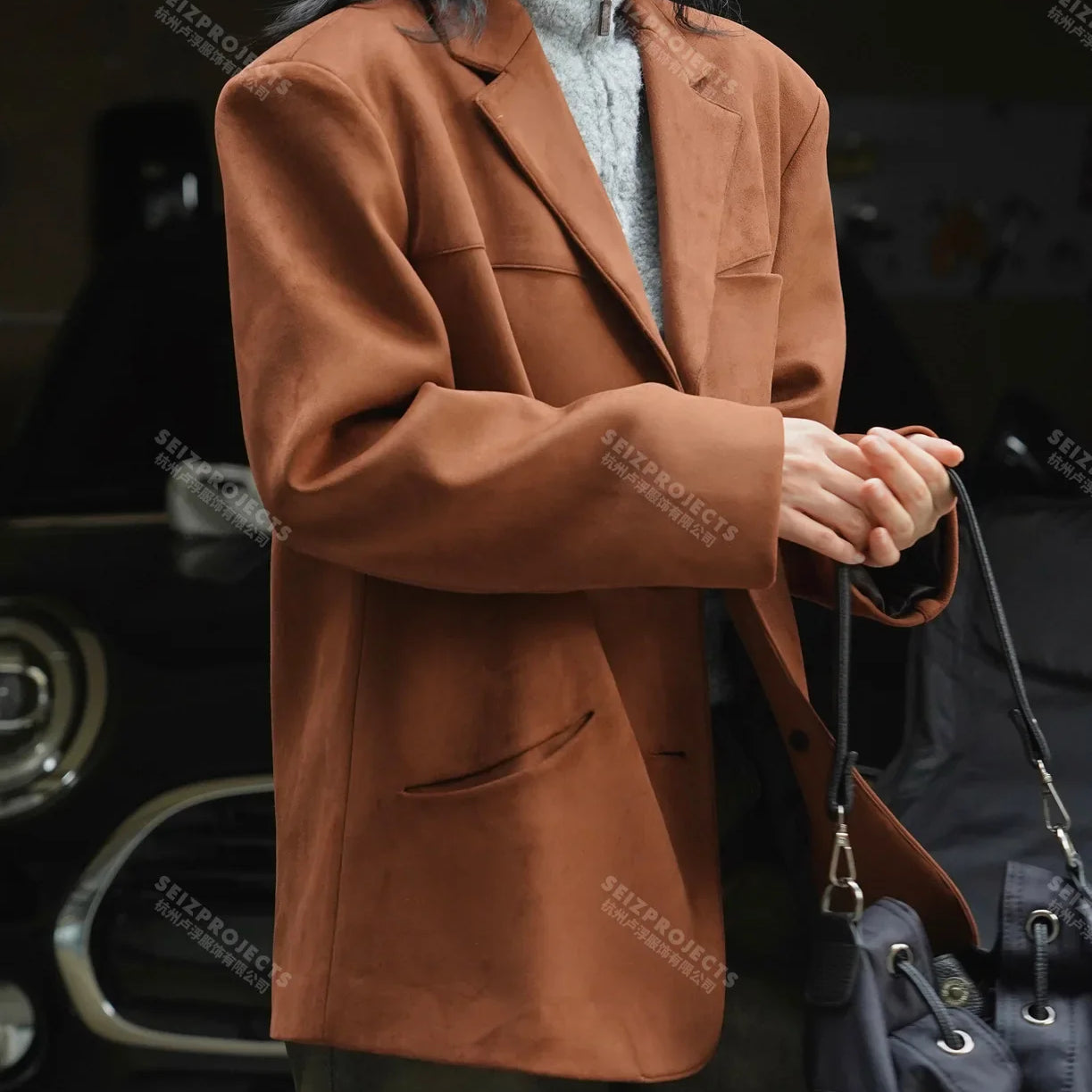 Winter Curved Pocket Oversized Blazer Suede Jacket Brown Green Loose Straight Coat For Women