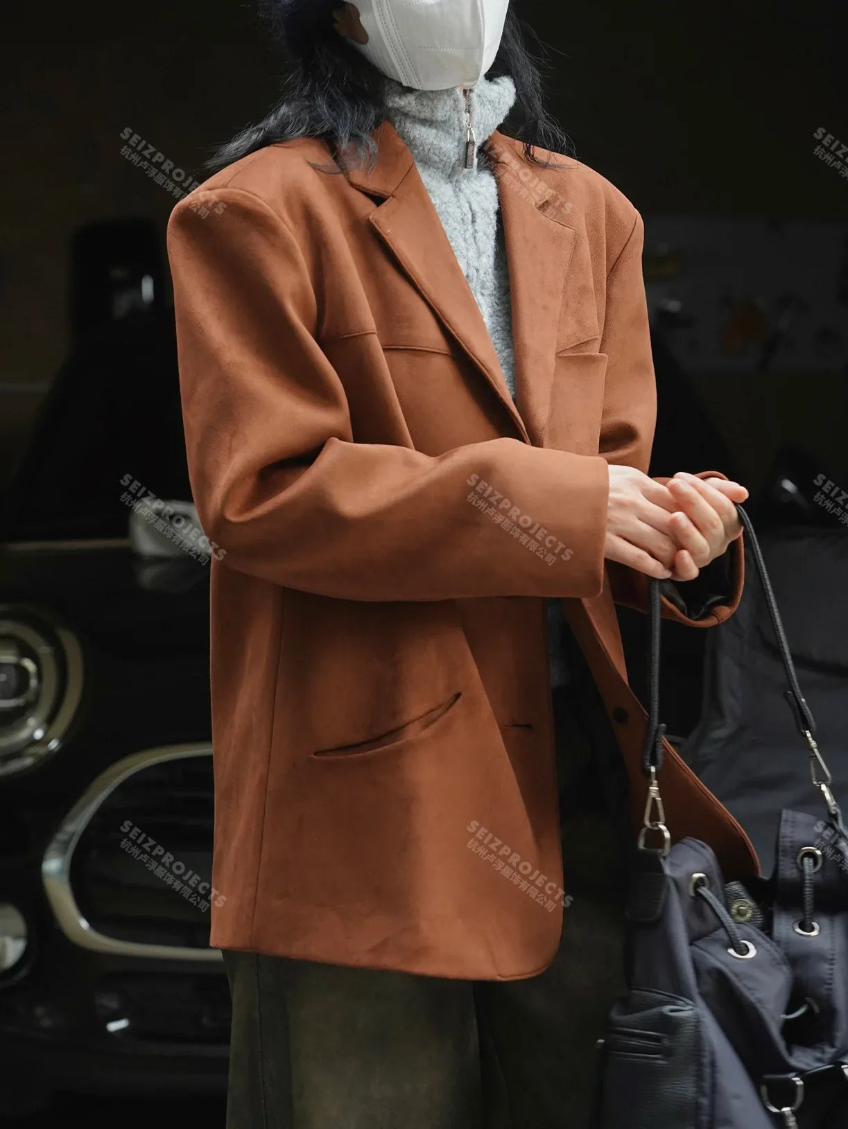 Winter Curved Pocket Oversized Blazer Suede Jacket Brown Green Loose Straight Coat For Women