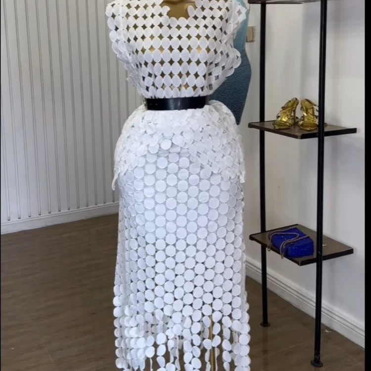 CM.YAYA Women Cutout O-neck Crop Top and Bodycon Midi Slim Maxi Long Skirt Suit 2025 Summer Vacation Sexy Two 2Piece Set Outfits