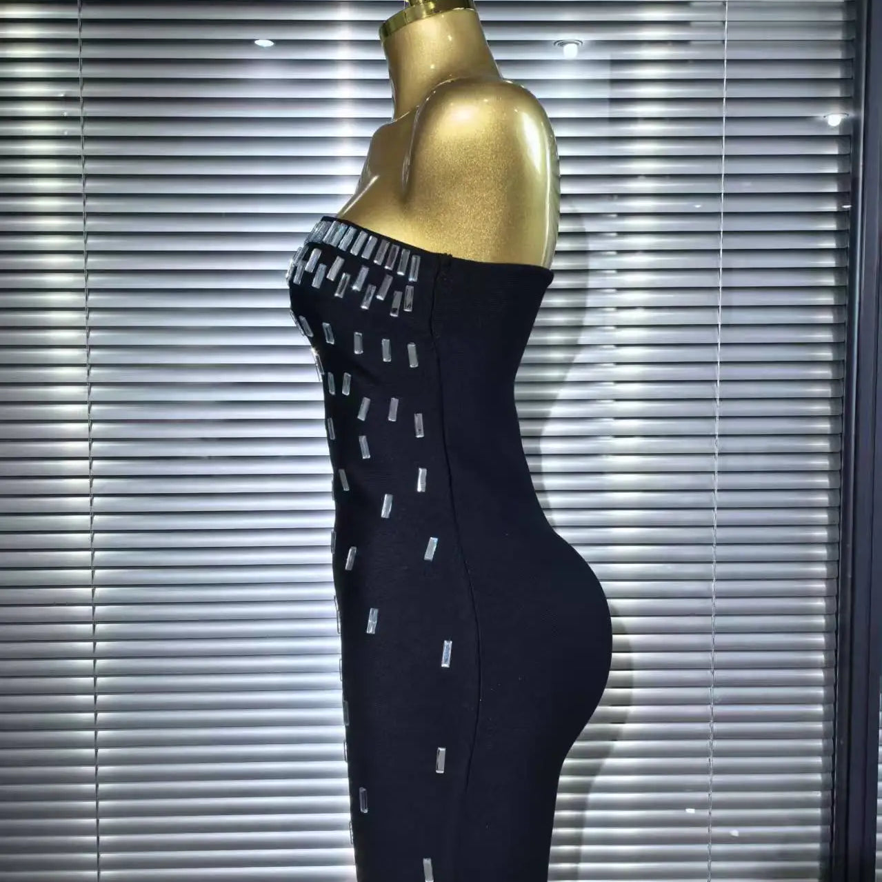 Black Color Women Sexy Strapless Shinning Crystal Bodycon Mini Bandage Dress Celebrate Nightclub Party Cocktail Outfit