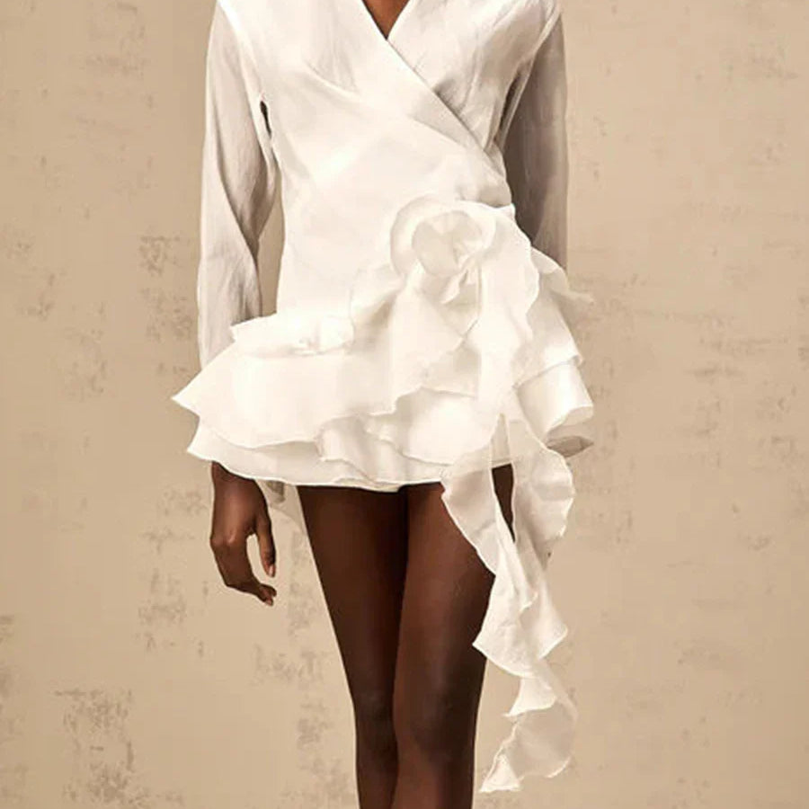 Solid Mini Temperament Mini Dresses for Women V Neck Long Sleeves Patchwork 3D Flower Mini Dress Female Clothing WHITE