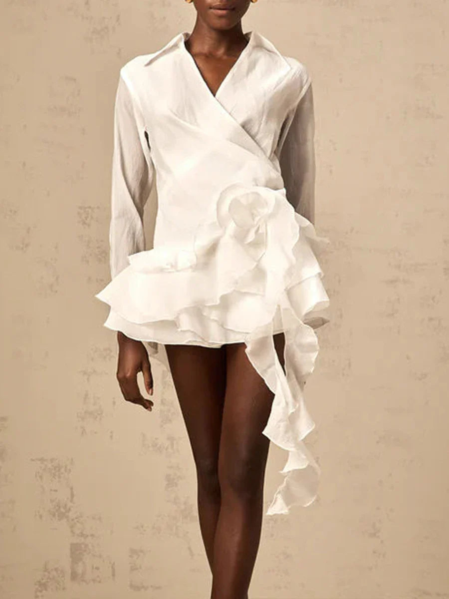 Solid Mini Temperament Mini Dresses for Women V Neck Long Sleeves Patchwork 3D Flower Mini Dress Female Clothing WHITE